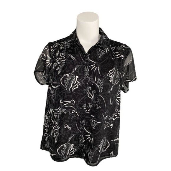 SAG HARBOR Black White Floral 2‎ Pc Button Down Top MP & A Line Skirt 6P Petite - Picture 4 of 10